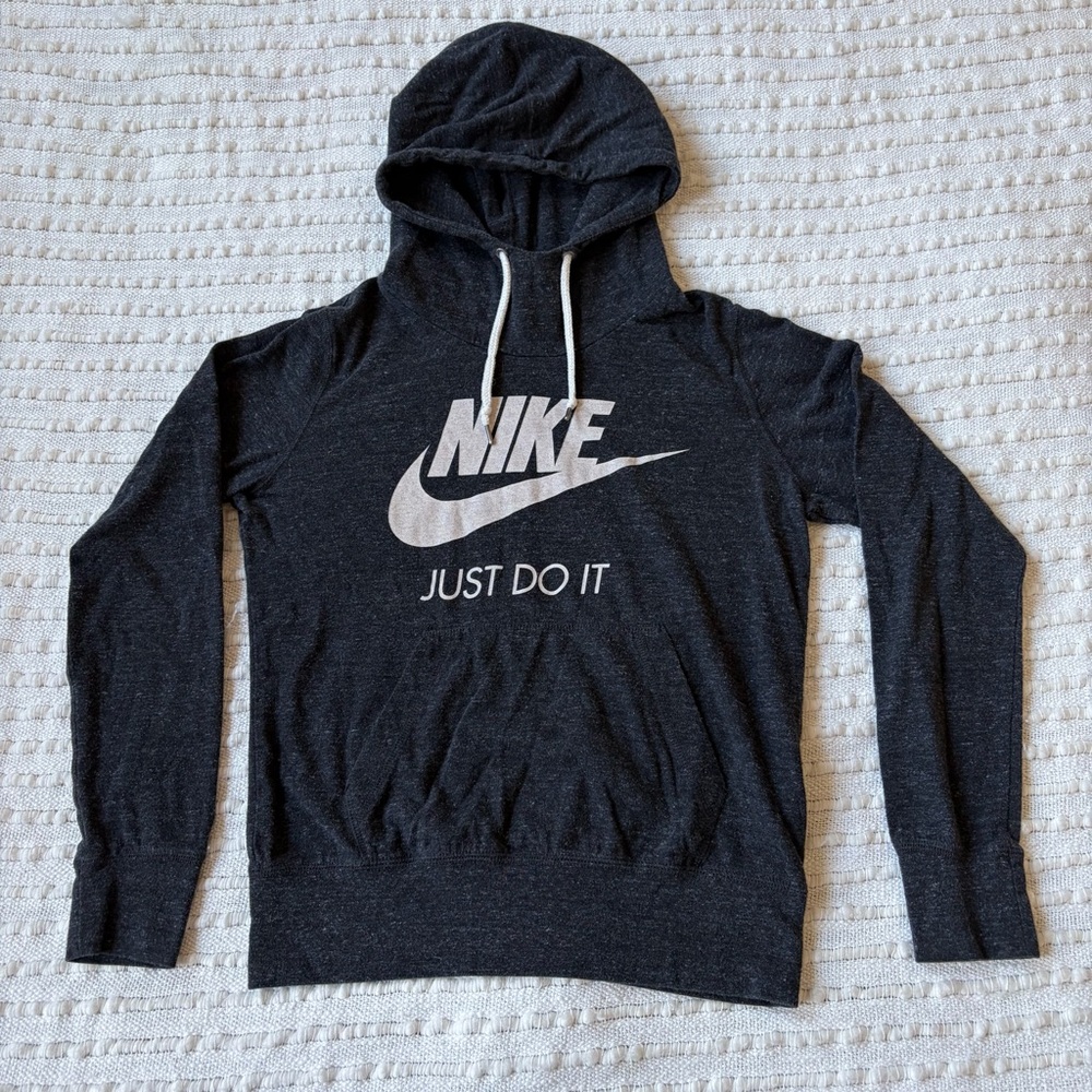 Nike Just Do It Gray Black Pullover Logo Hoodie Size Women’s Medium